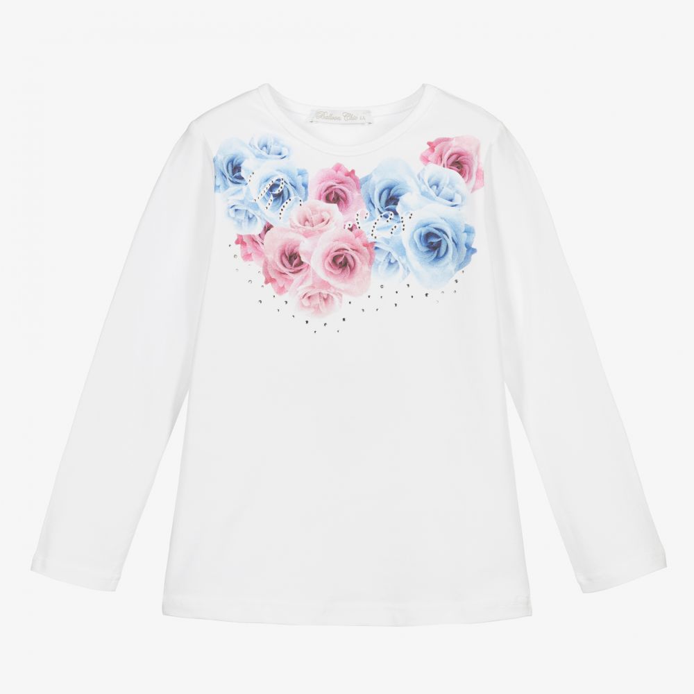 Balloon Chic - Girls White Cotton Floral Top  | Childrensalon