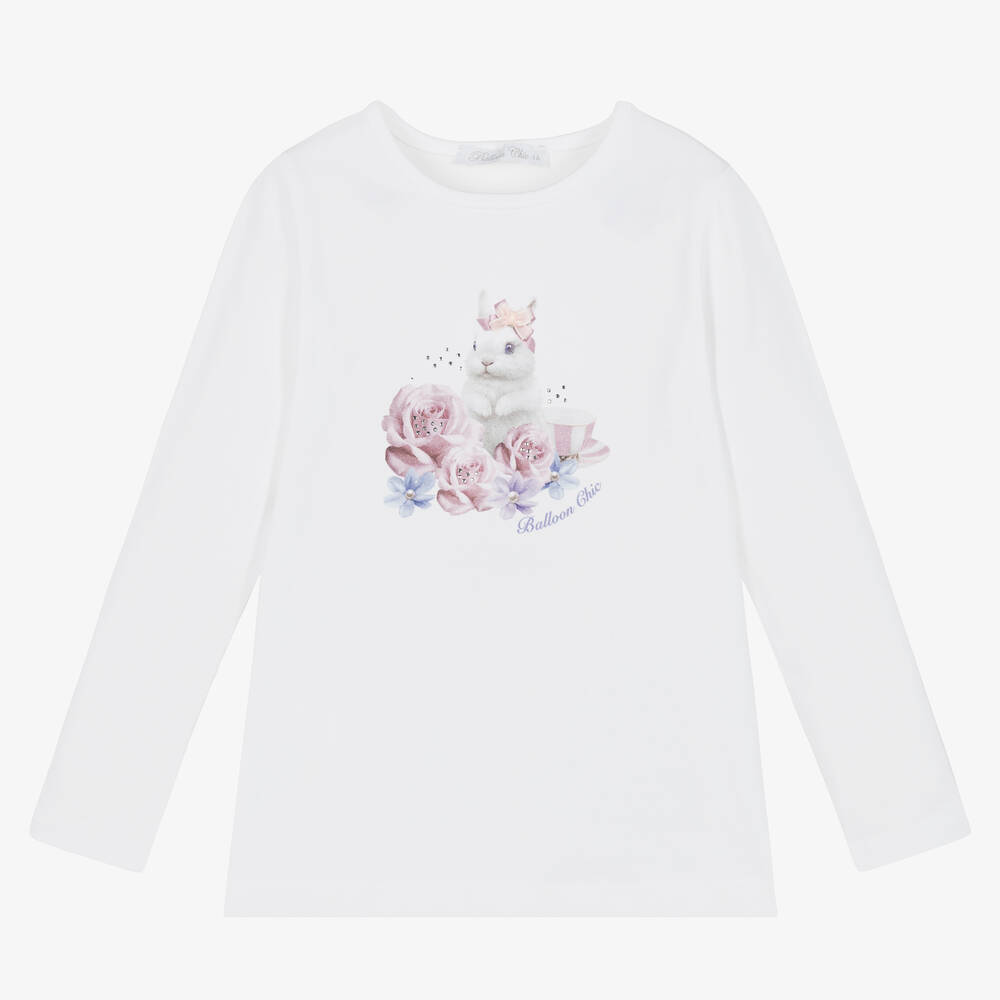 Balloon Chic - Girls White Cotton Jersey T-Shirt | Childrensalon