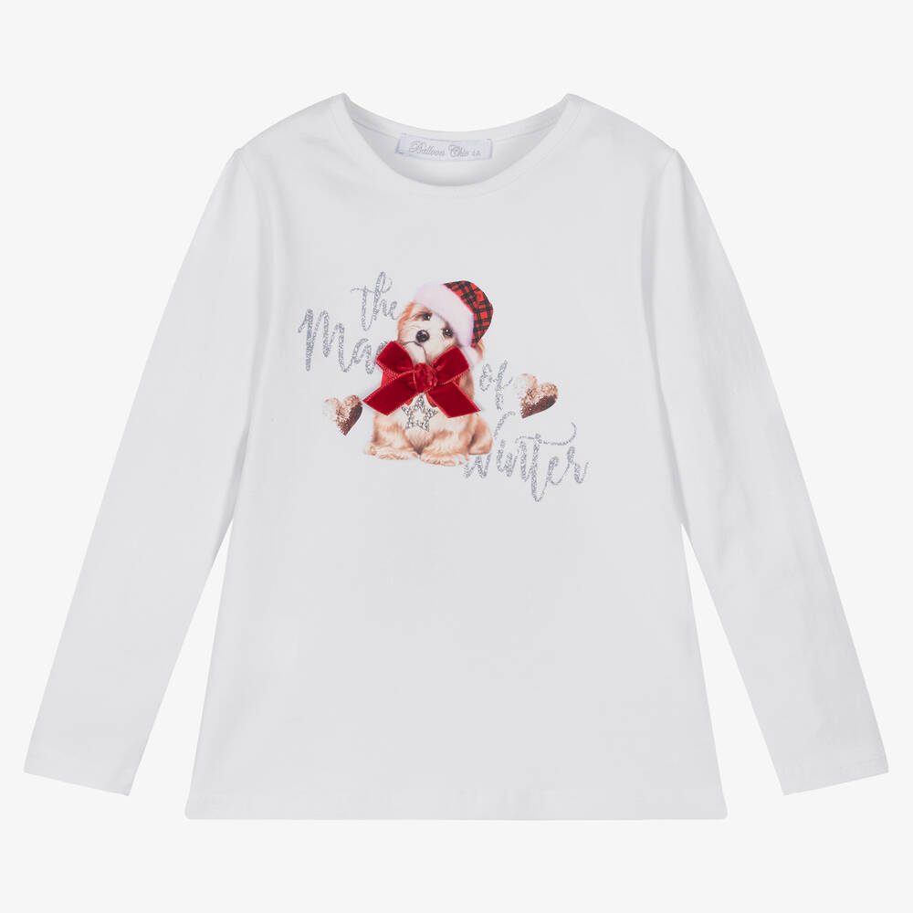 Balloon Chic - Girls White Cotton Jersey Top | Childrensalon