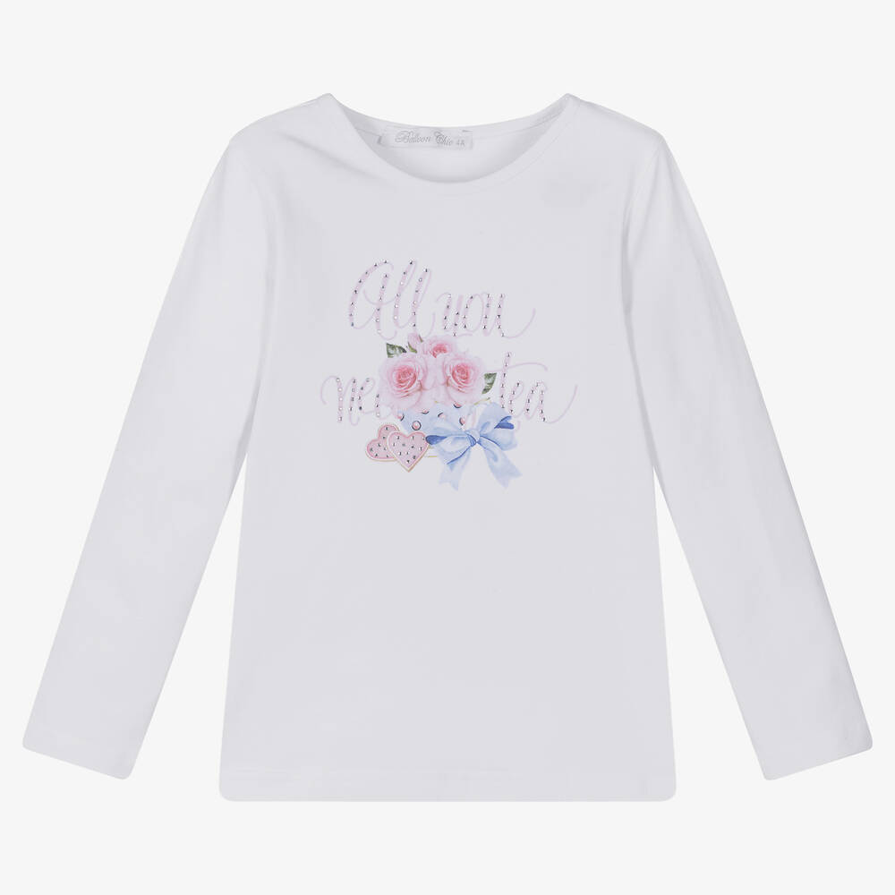 Balloon Chic - Girls White Cotton Jersey Top | Childrensalon