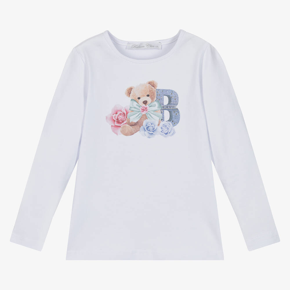 Balloon Chic - Girls White Cotton Logo T-Shirt | Childrensalon