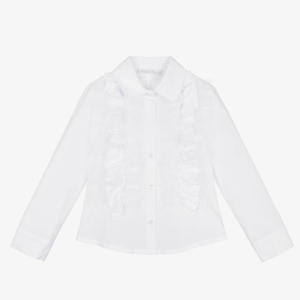 Balloon Chic - Girls White Cotton Ruffle Shirt | Childrensalon