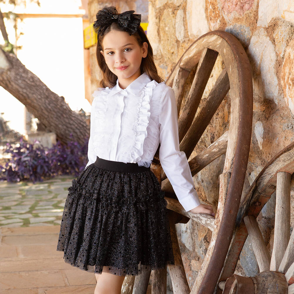 Balloon Chic Girls White Cotton Ruffle Shirt