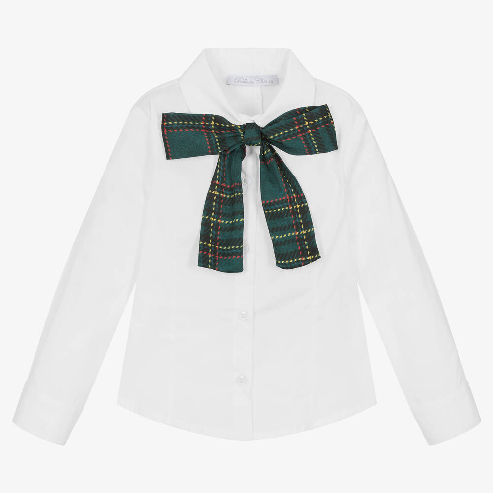 Balloon Chic - Girls White Cotton Tartan Bow Blouse | Childrensalon