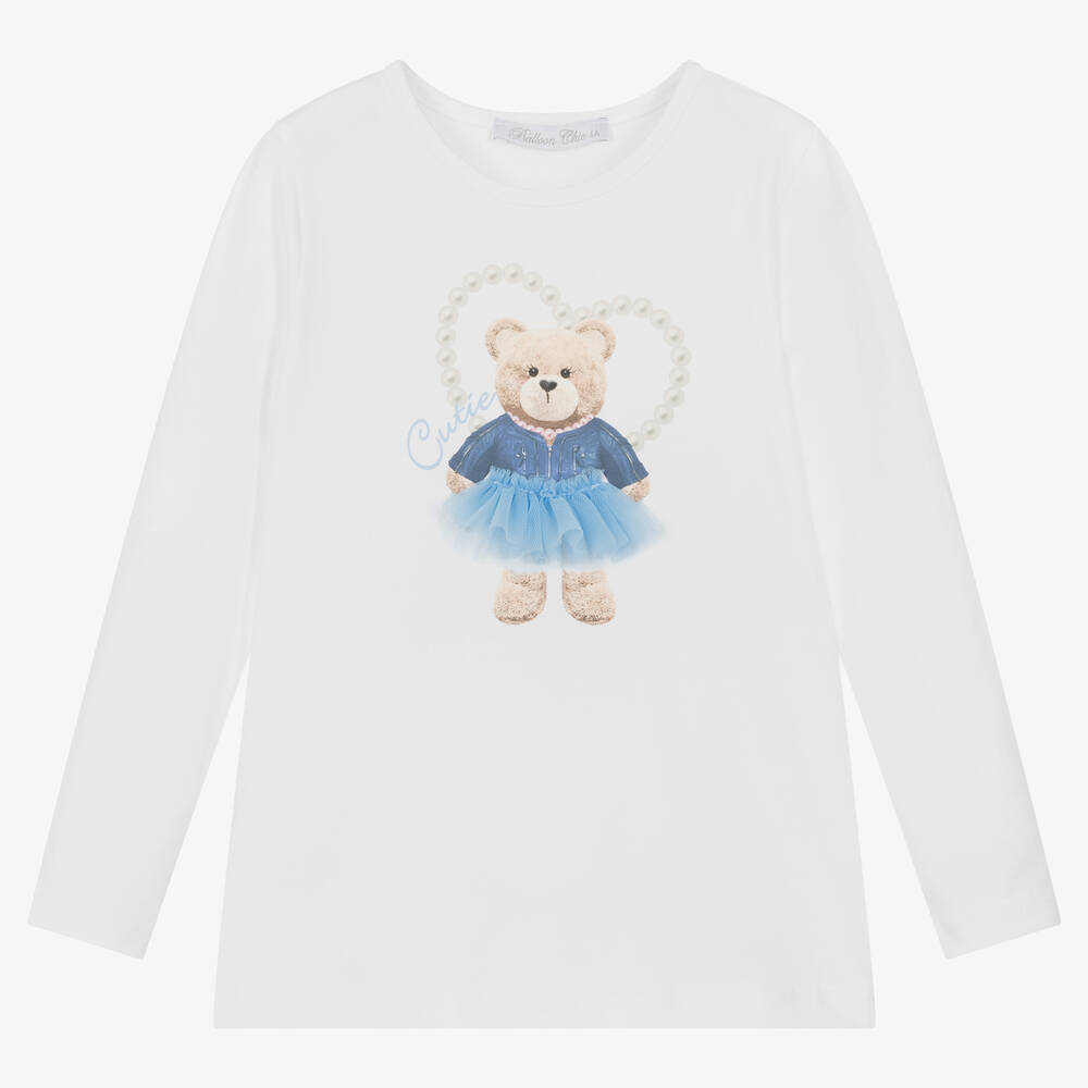 Balloon Chic - Girls White Cotton Teddy Bear Top | Childrensalon