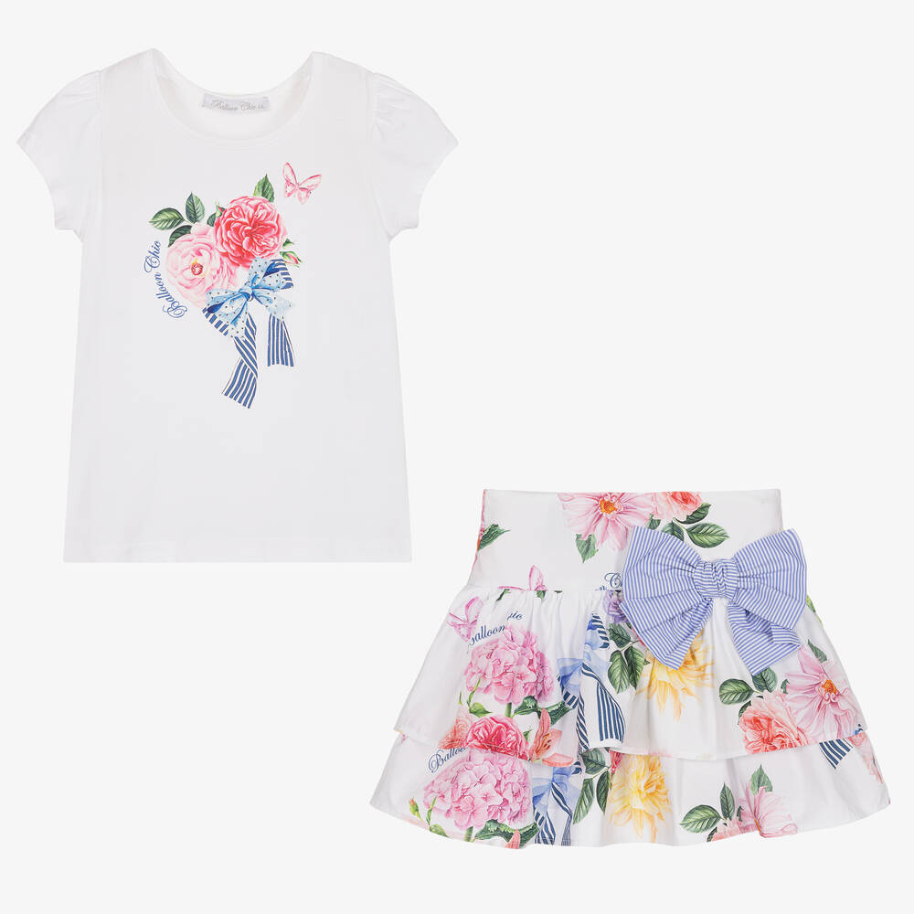 Balloon Chic-طقم تنورة مزيج قطن لون أبيض بطبعة ورود | Childrensalon Outlet