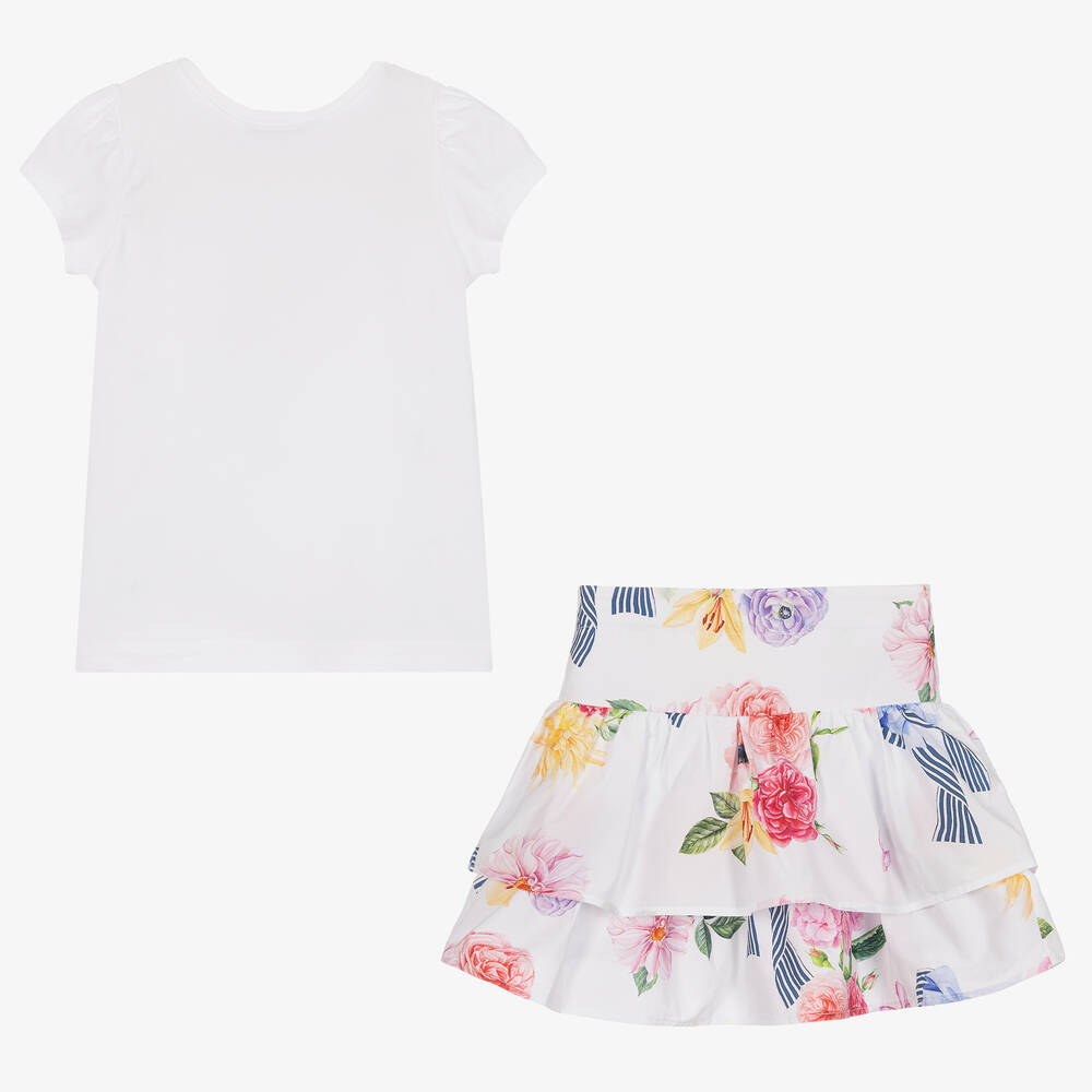Balloon Chic-طقم تنورة مزيج قطن لون أبيض بطبعة ورود | Childrensalon Outlet