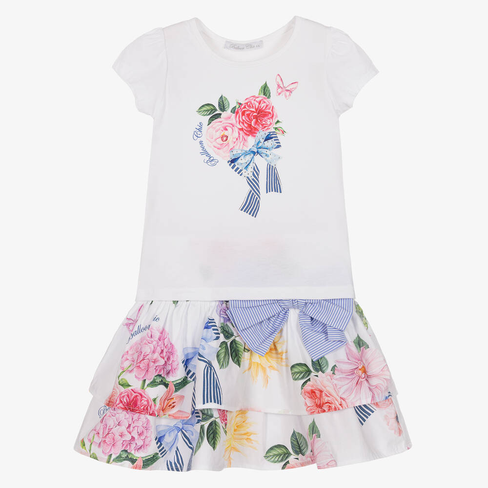 Balloon Chic-طقم تنورة مزيج قطن لون أبيض بطبعة ورود | Childrensalon Outlet