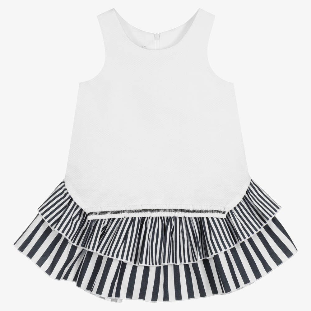 Balloon Chic - Girls White & Navy Blue Stripe Hem Dress | Childrensalon ...