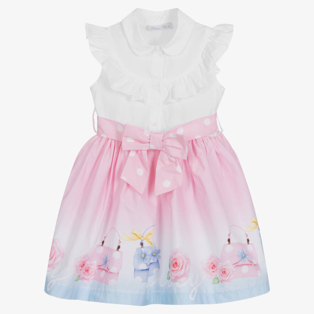 Balloon Chic - Robe blanche rose popeline de coton | Childrensalon