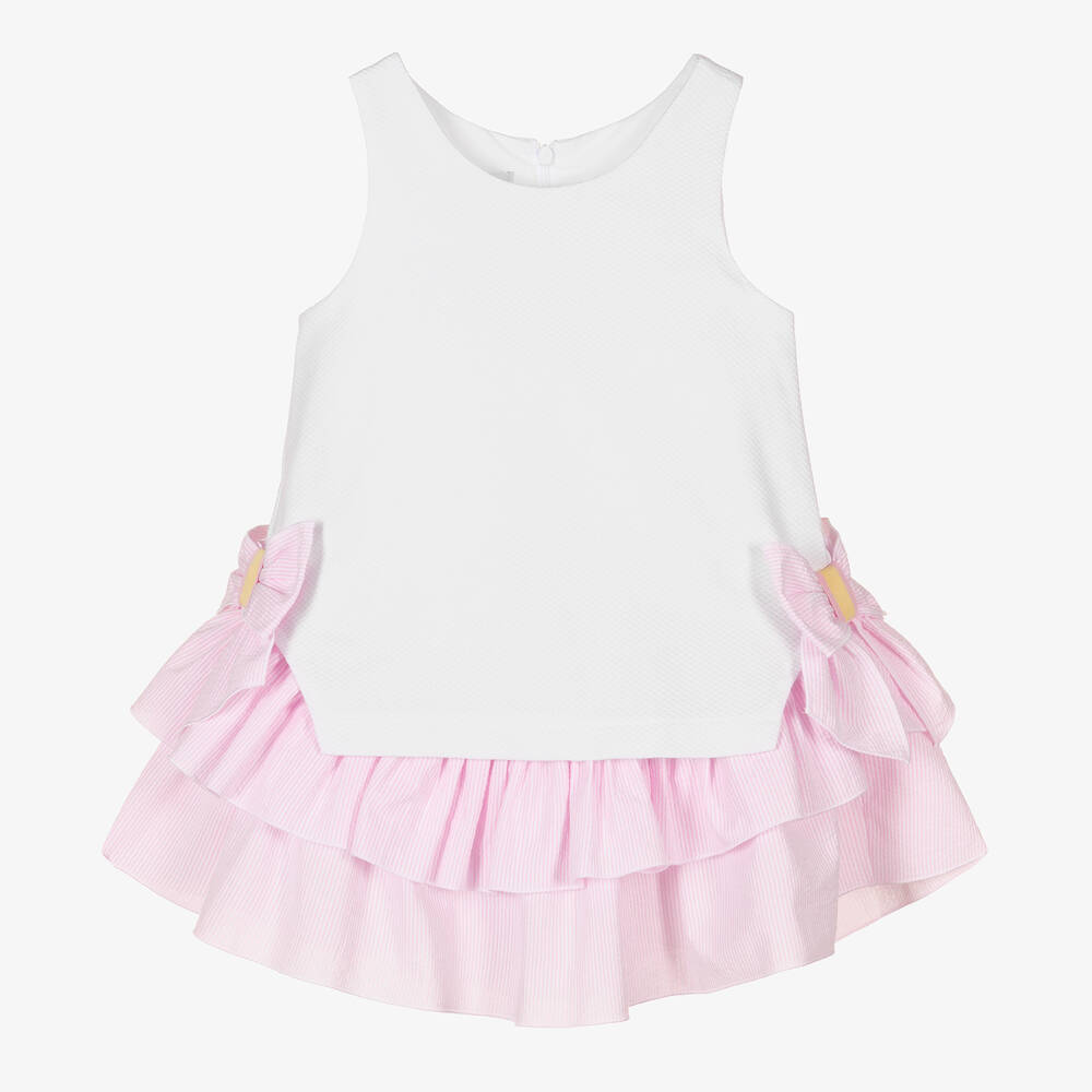 Balloon Chic - فستان قطن مزين بكشكش لون أبيض وزهري | Childrensalon