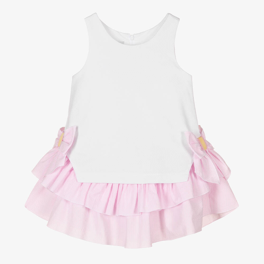 Balloon Chic - Robe coton blanc et rose à volants | Childrensalon