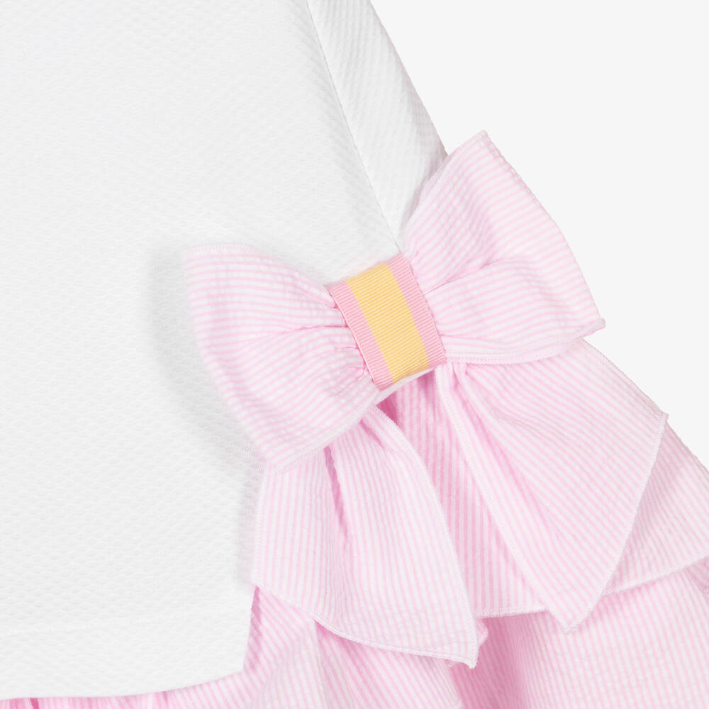 Balloon Chic-فستان قطن مزين بكشكش لون أبيض وزهري | Childrensalon Outlet