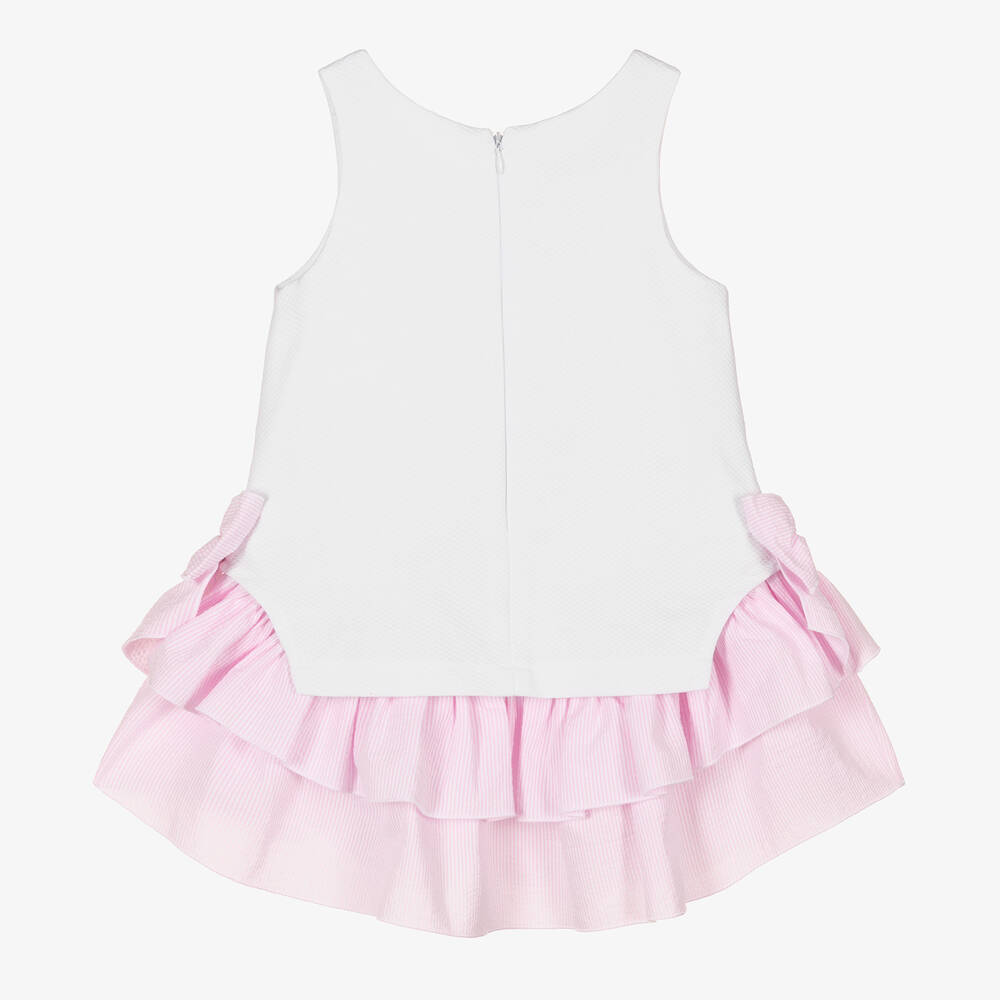 Balloon Chic-فستان قطن مزين بكشكش لون أبيض وزهري | Childrensalon Outlet