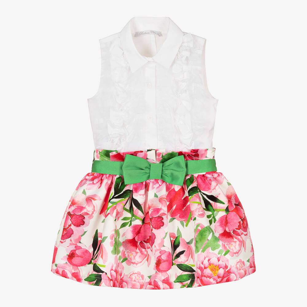 Balloon Chic - Girls White & Pink Floral Print Skirt Set | Childrensalon