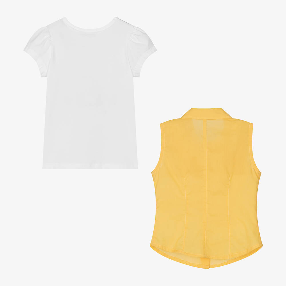 Balloon Chic-Girls White T-Shirt & Yellow Blouse Set | Childrensalon Outlet