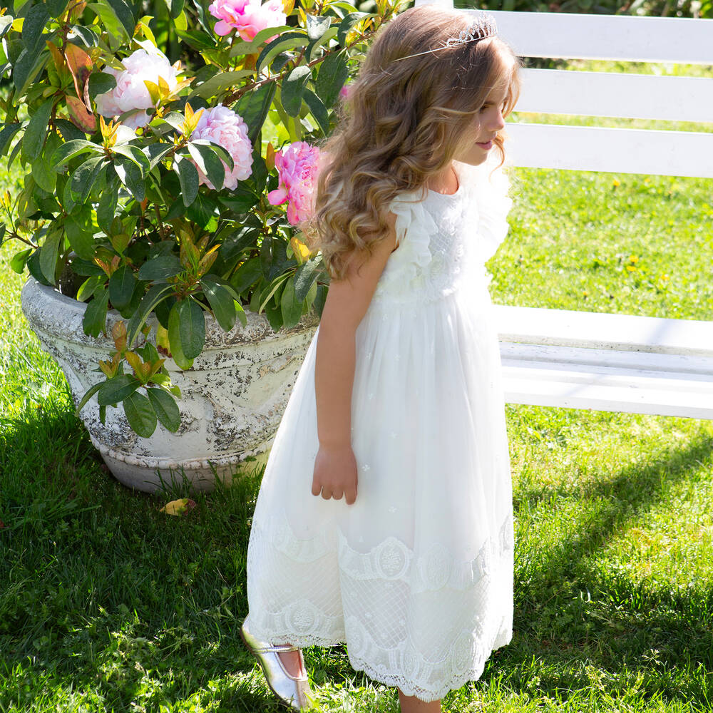 Balloon Chic-فستان تول مزين بدانتيل لون أبيض | Childrensalon Outlet