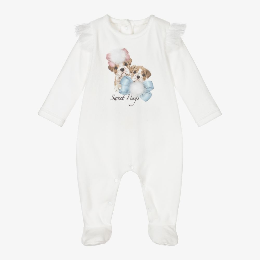 Balloon Chic-Girls White Velour Babygrow  | Childrensalon Outlet