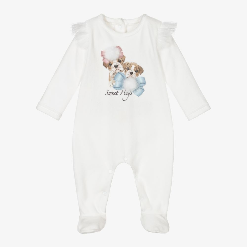 Balloon Chic - Girls White Velour Babygrow  | Childrensalon