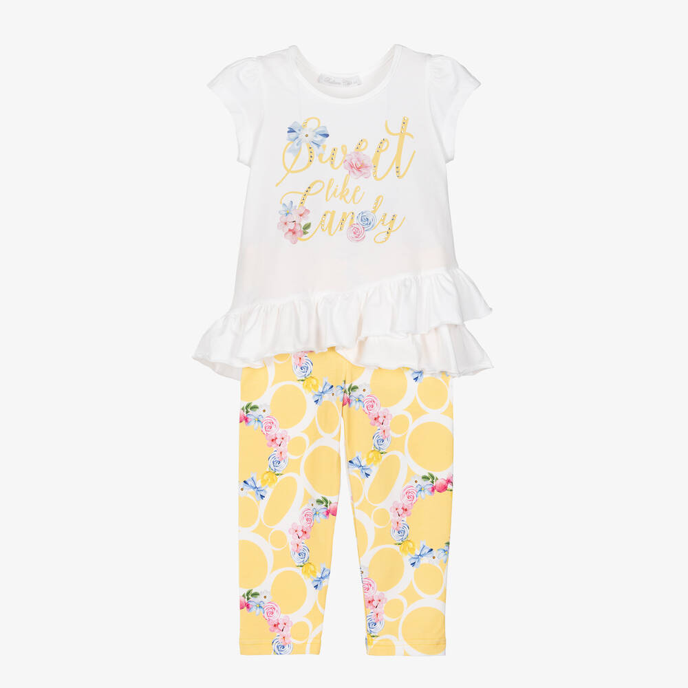 Balloon Chic-طقم ليغنغز قطن جيرسي لون أصفر بطبعة ورود | Childrensalon Outlet
