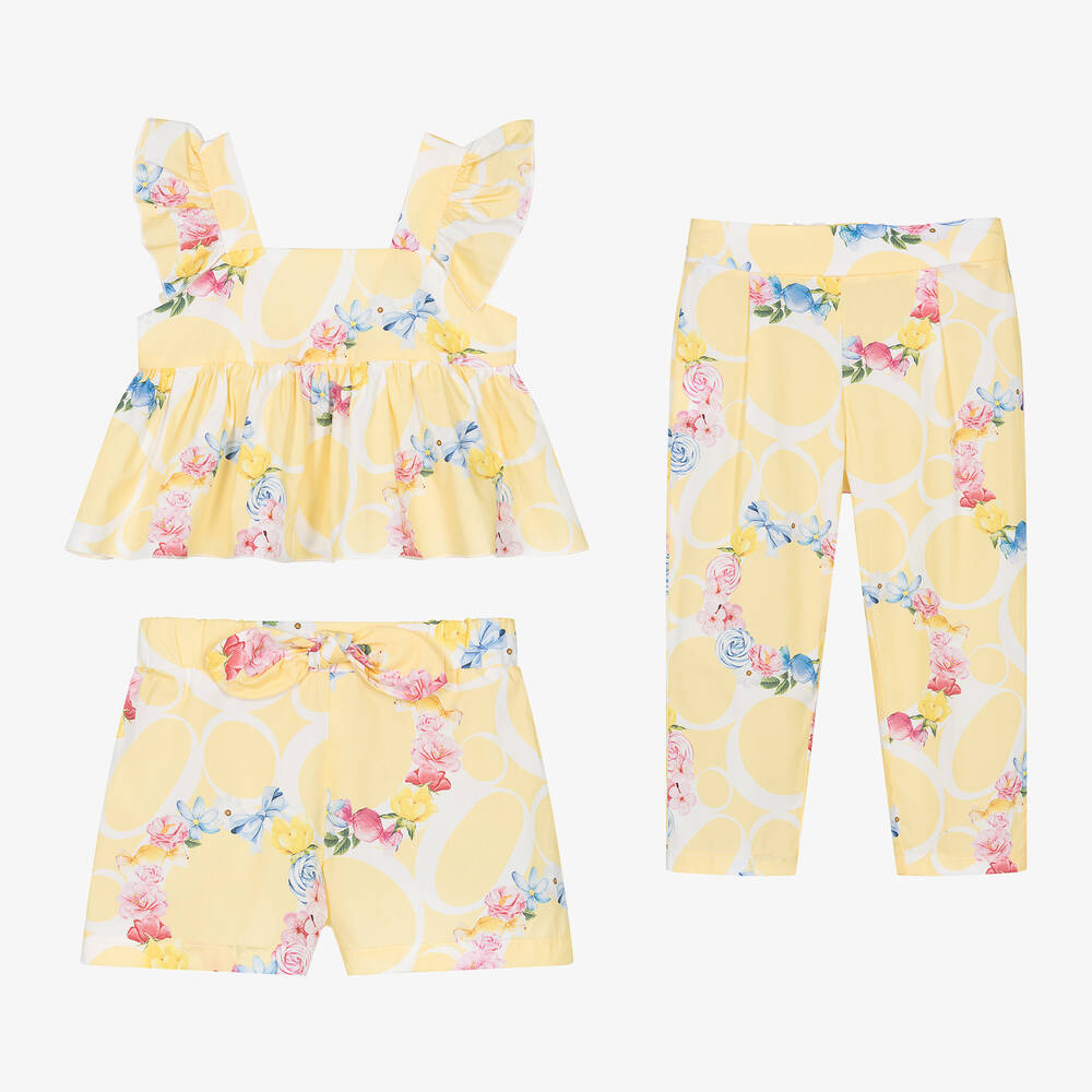 Balloon Chic-Girls Yellow Cotton Floral Shorts Set | Childrensalon Outlet