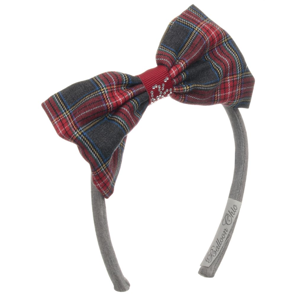 Balloon Chic - Grey & Red Tartan Bow Hairband | Childrensalon
