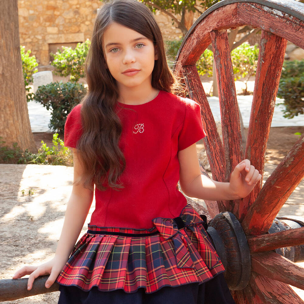 Balloon Chic-فستان مزيج صوف وفيسكوز تارتان لون أحمر وكحلي | Childrensalon Outlet