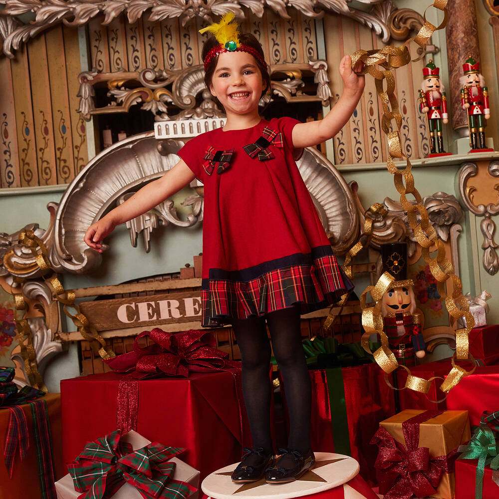 Balloon Chic-فستان مزيج صوف وفيسكوز تارتان لون أحمر وكحلي | Childrensalon Outlet
