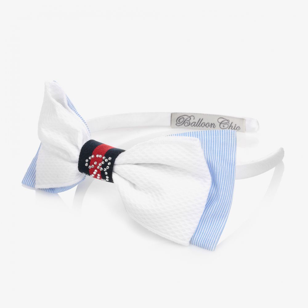 Balloon Chic-White & Blue Bow Hairband | Childrensalon Outlet