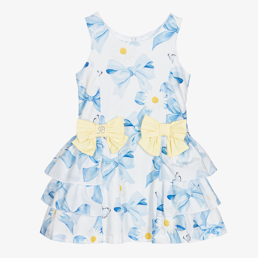 Balloon Chic - فستان قطن لون أبيض وأزرق بطبعة ورود | Childrensalon