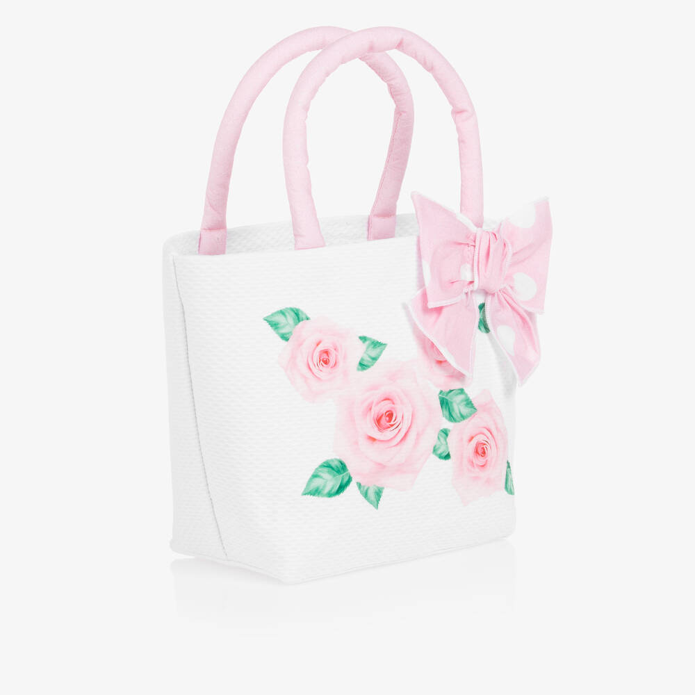 Balloon Chic-White & Pink Cotton Rose Handbag (22cm) | Childrensalon Outlet