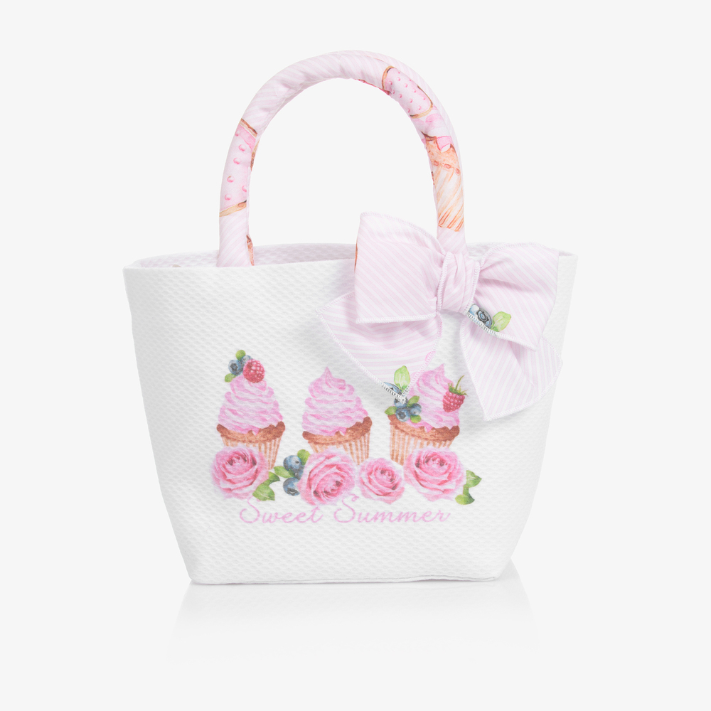 Balloon Chic - حقيبة يد قطن لون أبيض وزهري للبنات (21 سم) | Childrensalon