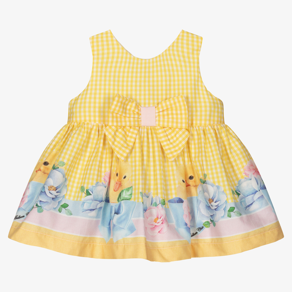 Balloon Chic - طقم فستان قطن لون أصفر وأبيض للمولودات | Childrensalon