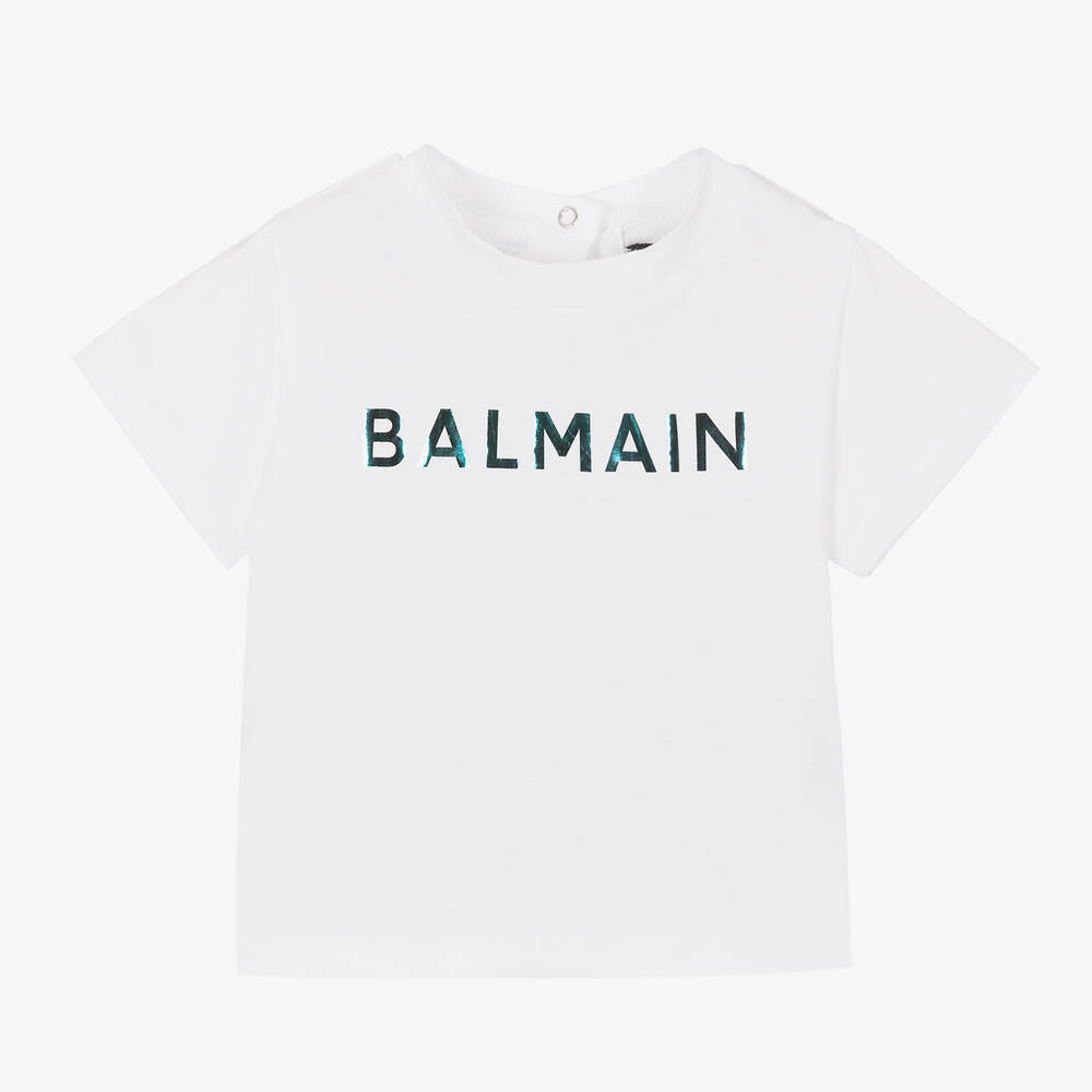 Balmain - Белая футболка с переливающимся логотипом | Childrensalon