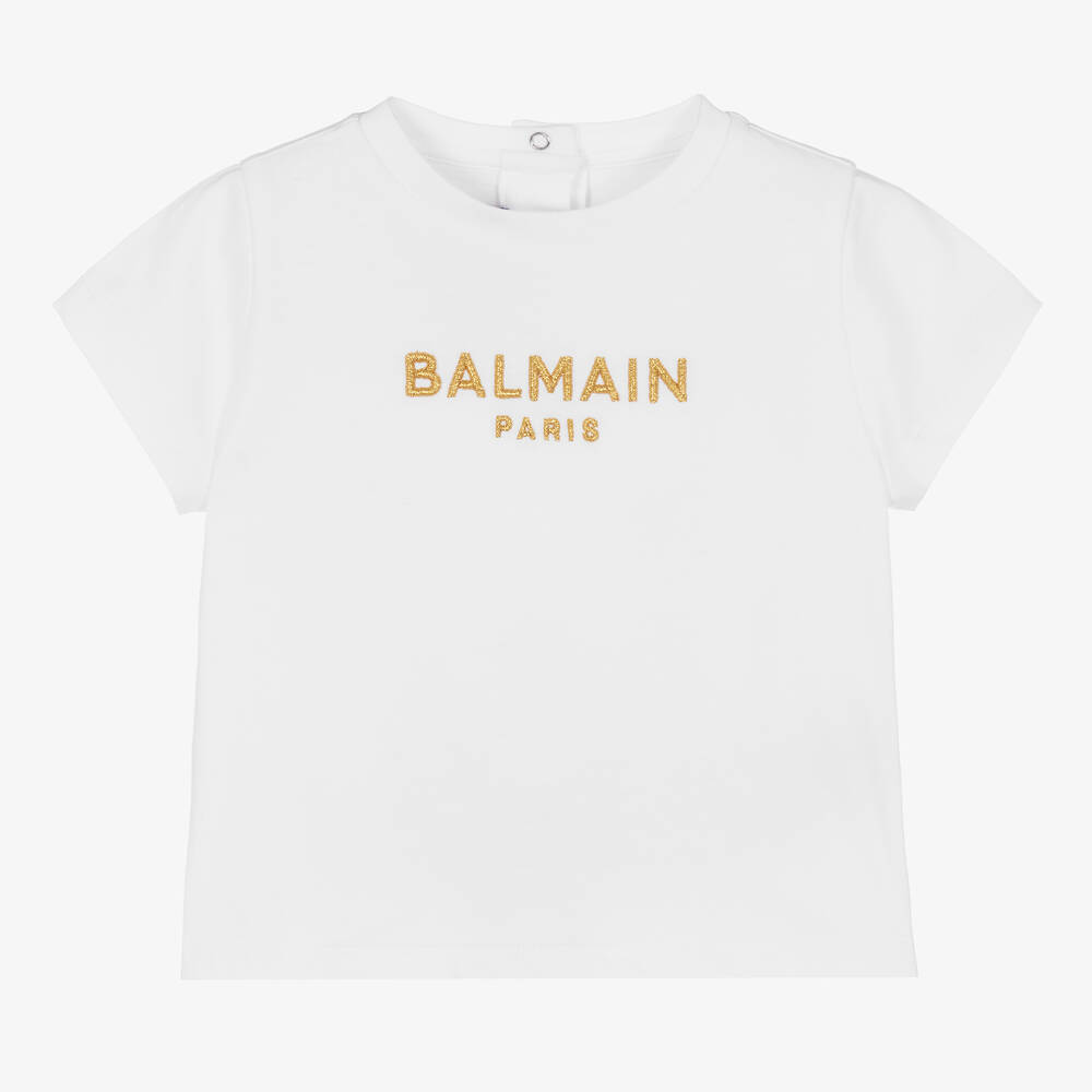 Balmain - تيشيرت قطن لون أبيض وذهبي للمولودات | Childrensalon