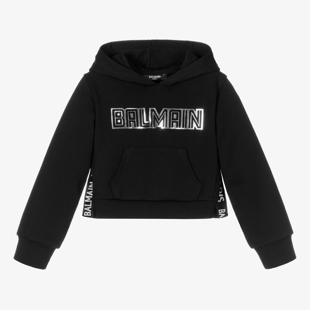 Balmain Black Cotton Cropped Hoodie Childrensalon Outlet