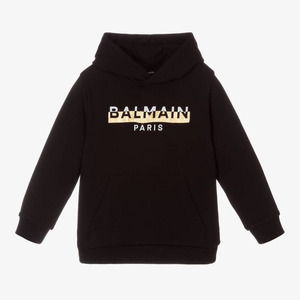 Balmain - Sweat à capuche noir en coton | Childrensalon