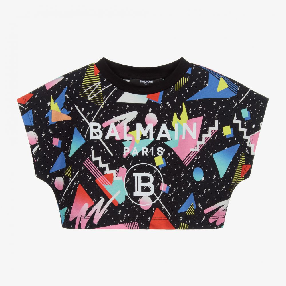 Balmain - Черная укороченная футболка с графическим принтом | Childrensalon