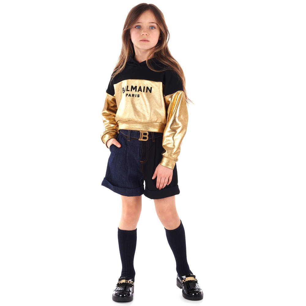Balmain-Черно-золотистая укороченная худи | Childrensalon Outlet