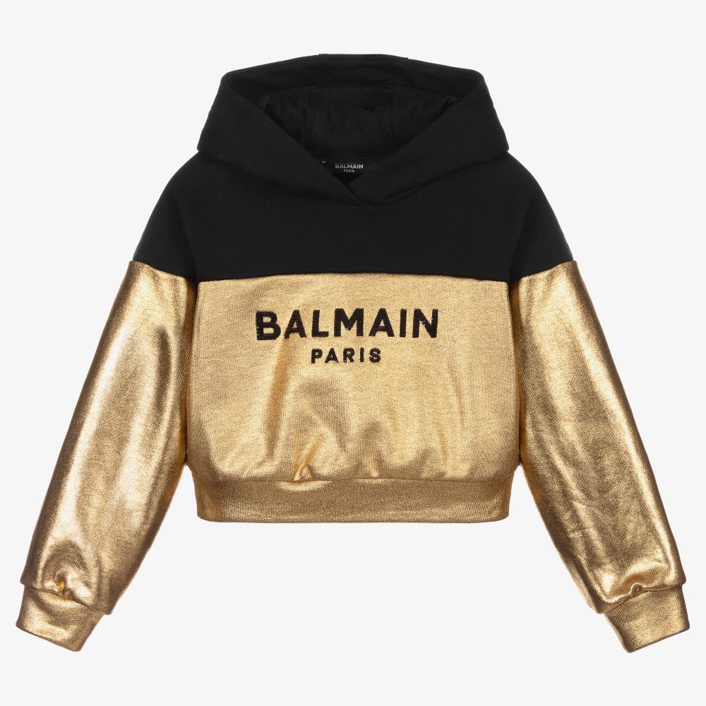 Balmain - سويتشيرت هودي ​قصير قطن لون أسود وذهبي للبنات | Childrensalon