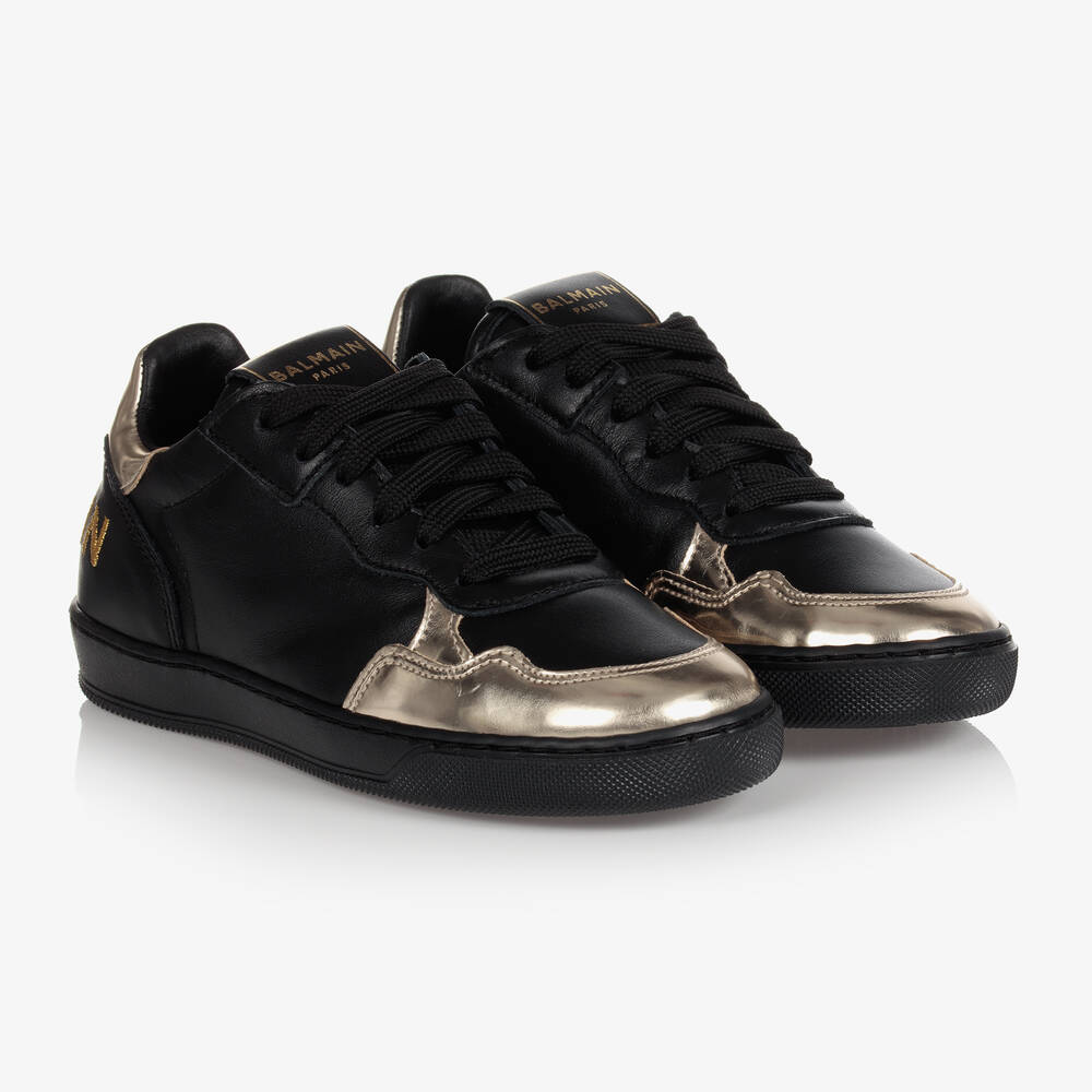 Balmain - Black & Gold Leather Trainers | Childrensalon