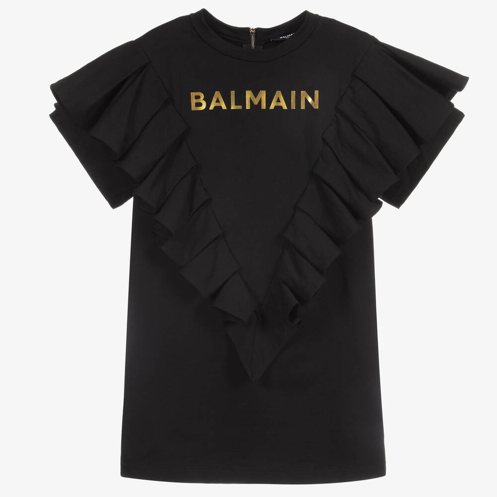 Balmain-Black & Gold Logo Ruffle Dress | Childrensalon Outlet