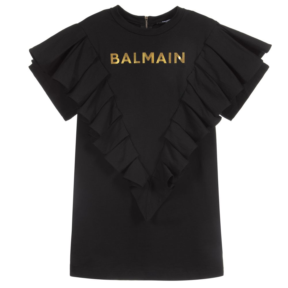 Balmain - Черное платье с рюшами и золотистым логотипом | Childrensalon