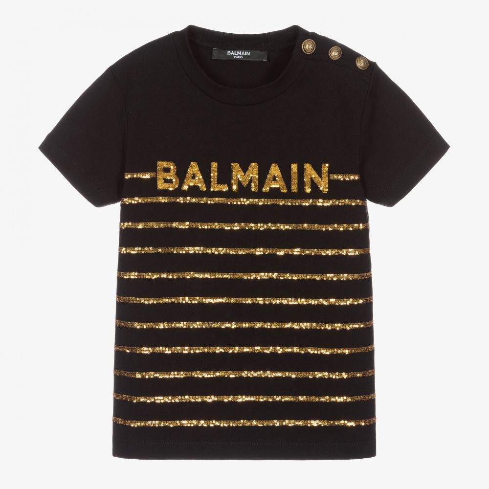 Balmain - T-Shirt mit Pailletten in Schwarz und Gold | Childrensalon