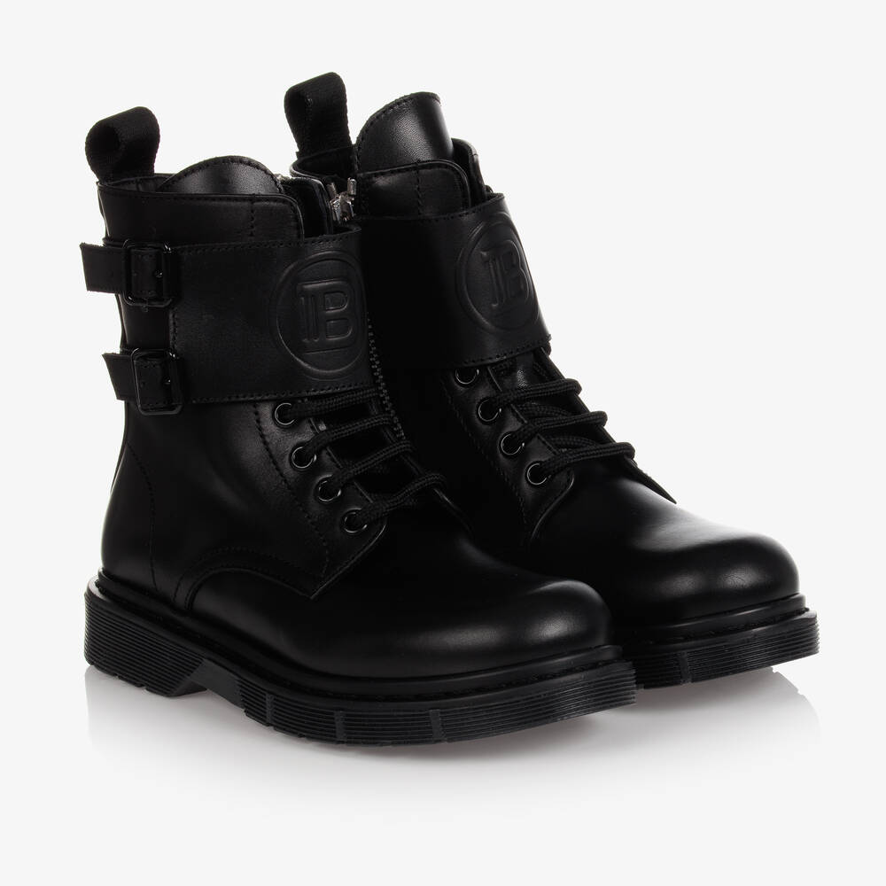 Balmain - Boots à lacets en cuir noir | Childrensalon