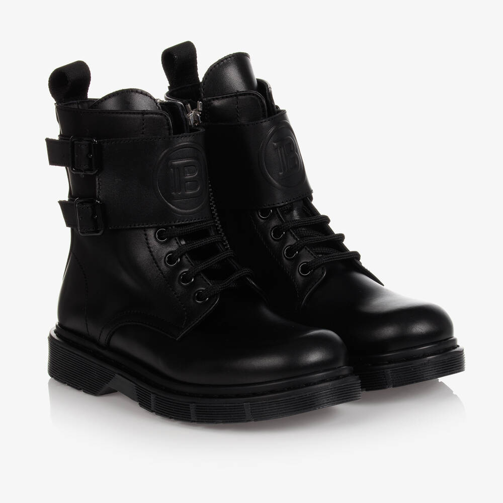 Balmain - Black Leather Lace-Up Boots | Childrensalon