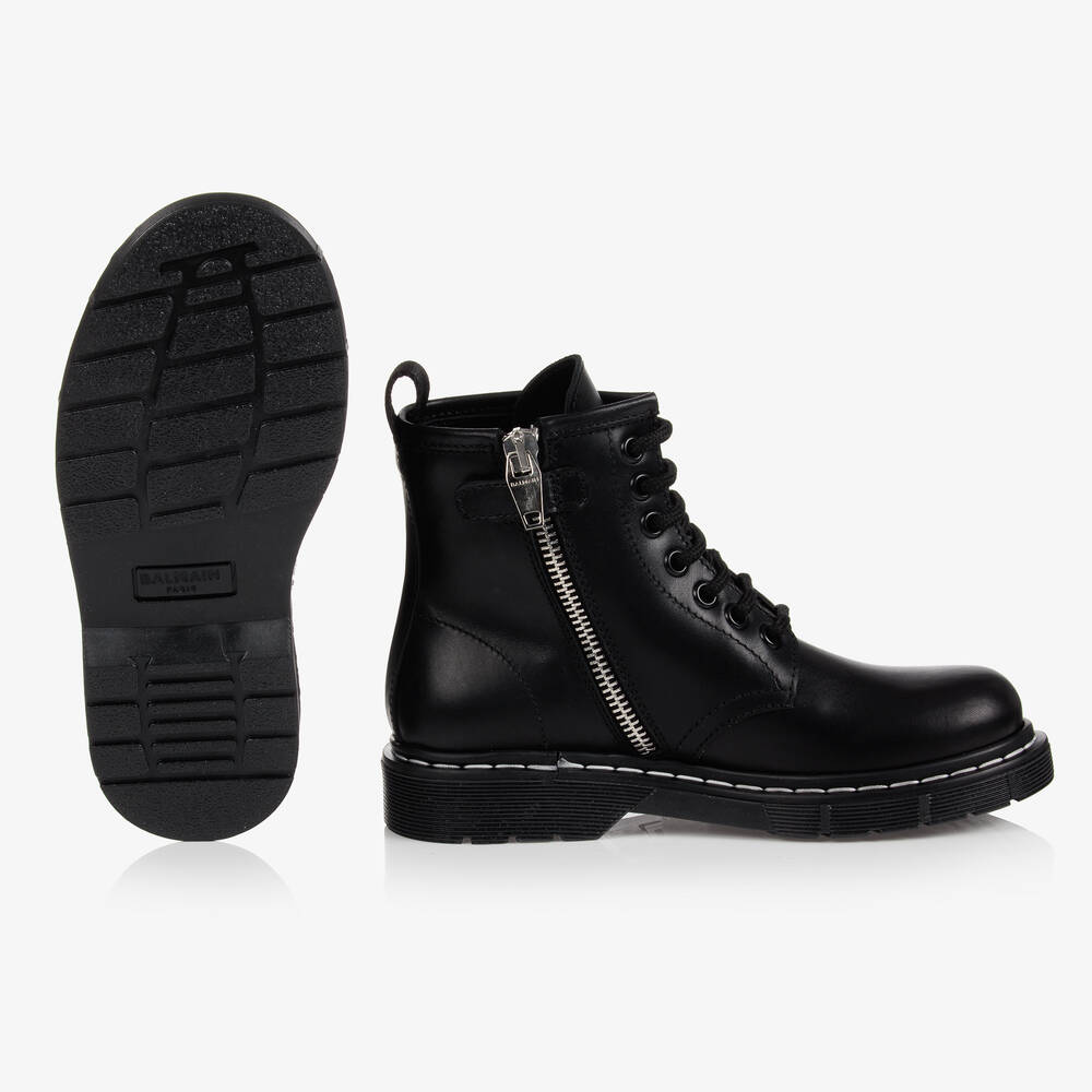 Balmain-Black Leather Lace-Up Boots | Childrensalon Outlet