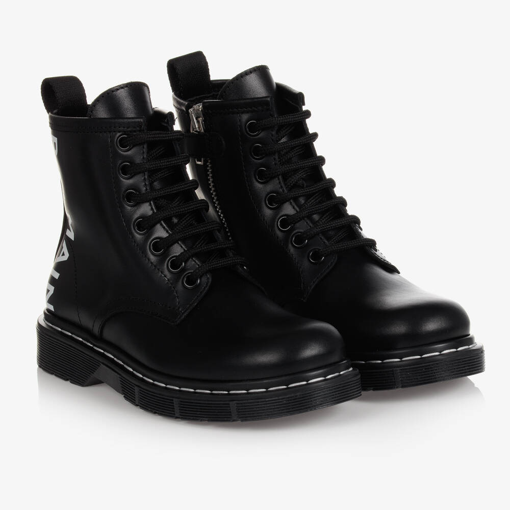 Balmain - Boots à lacets en cuir noir | Childrensalon