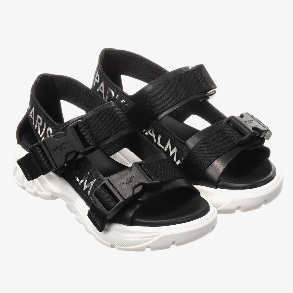 Balmain-Black Leather Logo Sandal | Childrensalon Outlet