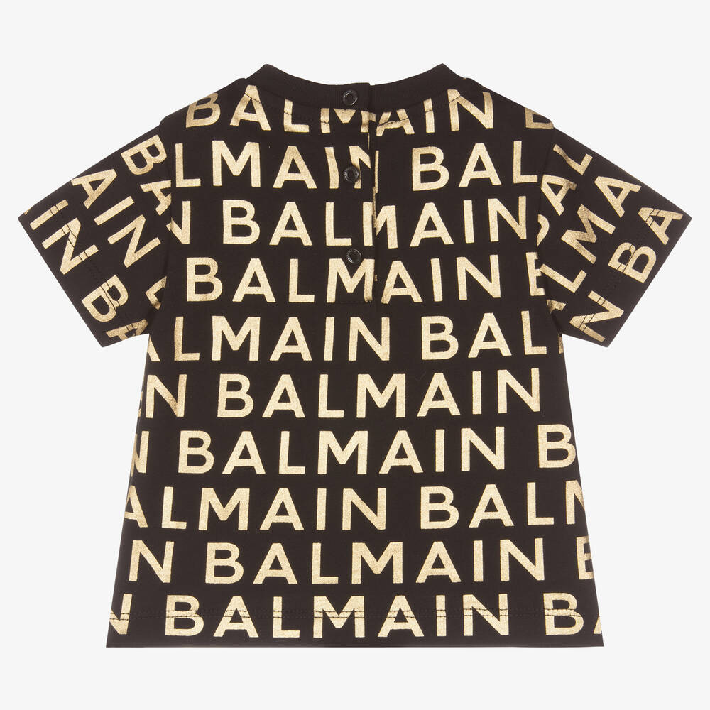 Balmain Black Metallic Gold Cotton Baby T Shirt